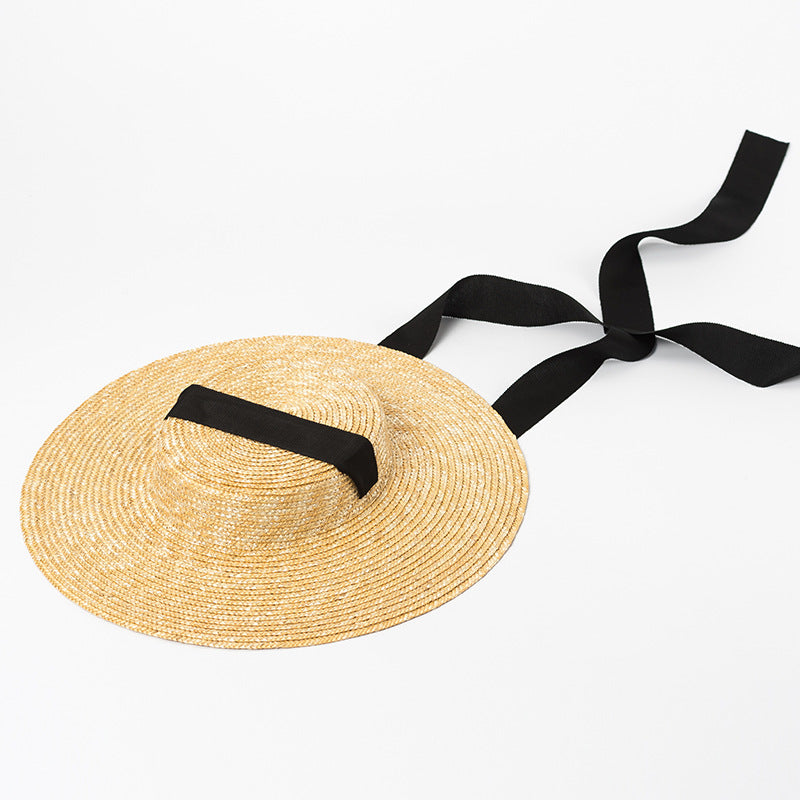 Boho Hat, Sun Beach Hat, Wide Brim Straw Hat 12 cm, Flat Top Black, White Ribbon