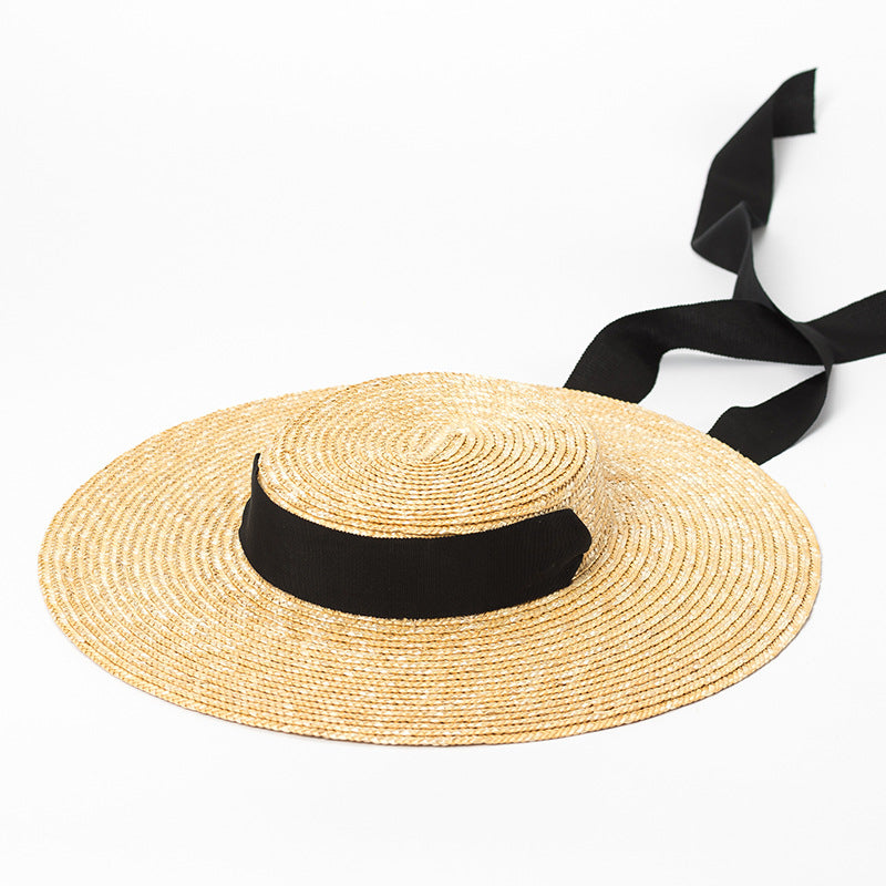 Boho Hat, Sun Beach Hat, Wide Brim Straw Hat 12 cm, Flat Top Black, White Ribbon