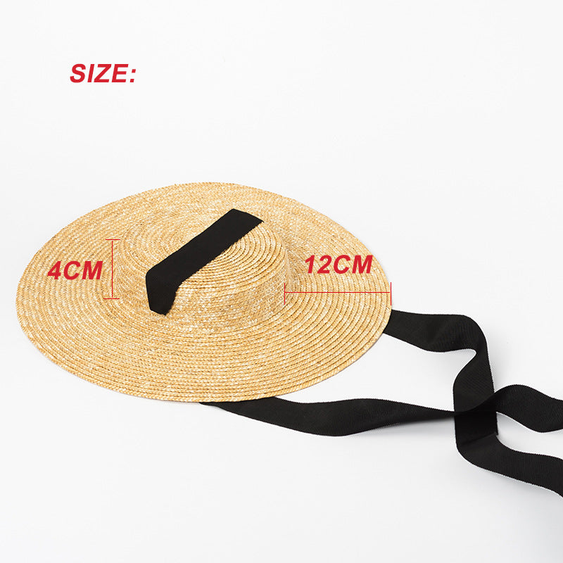 Boho Hat, Sun Beach Hat, Wide Brim Straw Hat 12 cm, Flat Top Black, White Ribbon