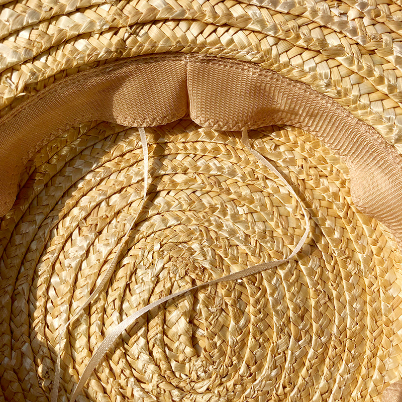Boho Hat, Sun Beach Hat, Wide Brim Straw Hat 12 cm, Flat Top Black, White Ribbon