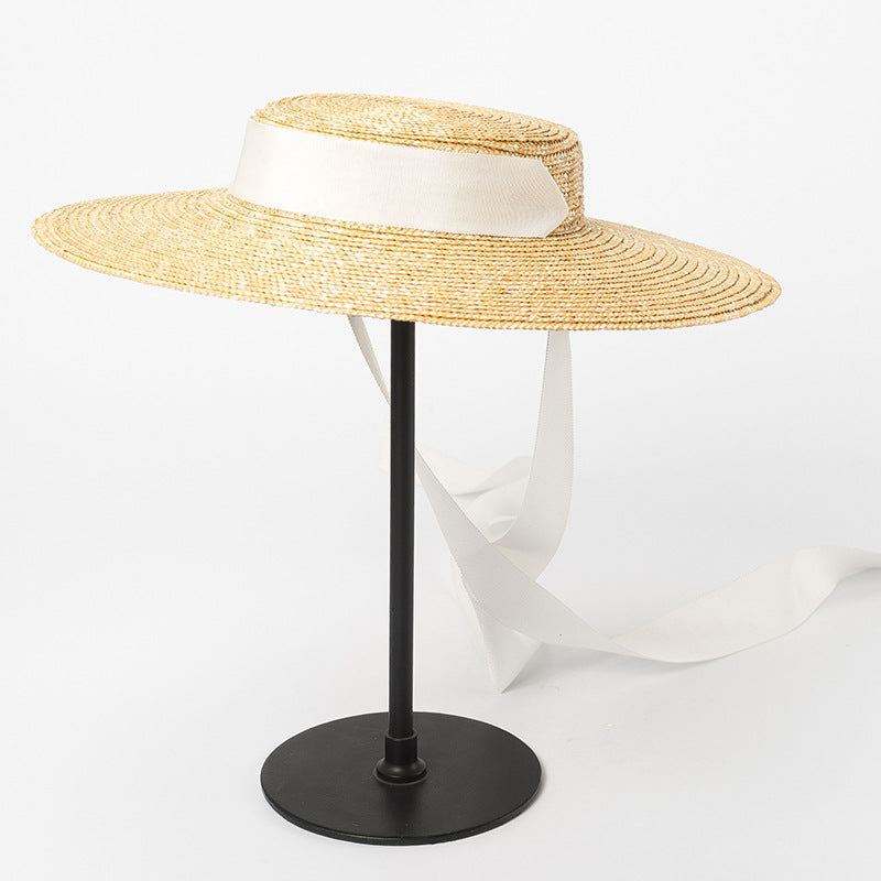 Boho Hat, Sun Beach Hat, Wide Brim Straw Hat 12 cm, Flat Top Black, White Ribbon