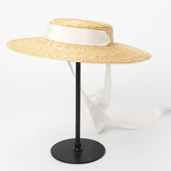 Boho Hat, Sun Beach Hat, Wide Brim Straw Hat 12 cm, Flat Top Black, White Ribbon