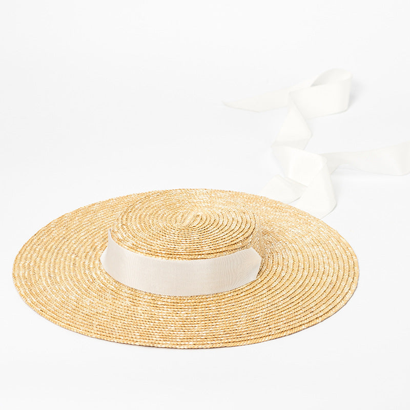 Boho Hat, Sun Beach Hat, Wide Brim Straw Hat 12 cm, Flat Top Black, White Ribbon