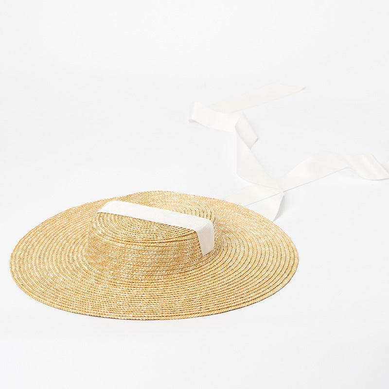 Boho Hat, Sun Beach Hat, Wide Brim Straw Hat 12 cm, Flat Top Black, White Ribbon