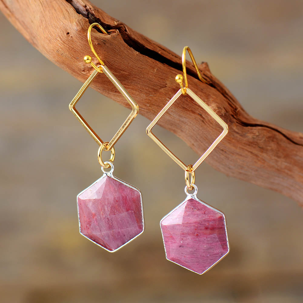 Boho Earrings, Dangle Earrings, Rhodonite Hexagon
