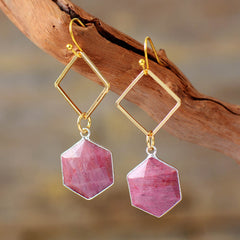 Boho Earrings, Dangle Earrings, Rhodonite Hexagon