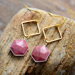 Boho Earrings, Dangle Earrings, Rhodonite Hexagon