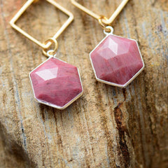 Boho Earrings, Dangle Earrings, Rhodonite Hexagon