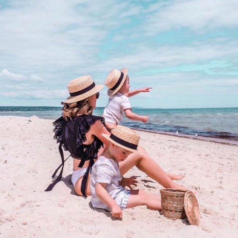 Boho Hat, Kid Hat, Sun Hat, Little Girl Straw Hat, Emma White and Black Ribbon