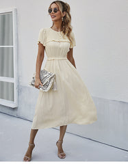Boho Midi Dress, Ruffle Grace in Ivory