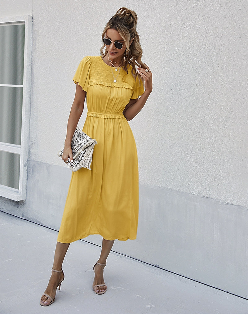 Boho Midi Dress, Ruffle Grace in Yellow