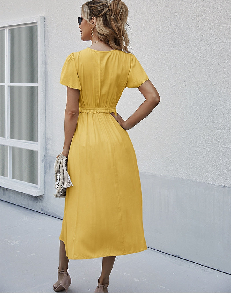 Boho Midi Dress, Ruffle Grace in Yellow