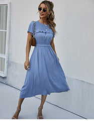 Boho Midi Dress, Ruffle Grace in Blue
