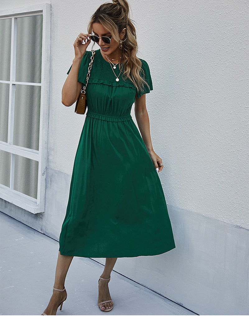 Boho Midi Dress, Ruffle Grace in Green