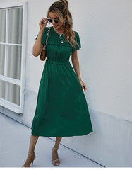 Boho Midi Dress, Ruffle Grace in Green