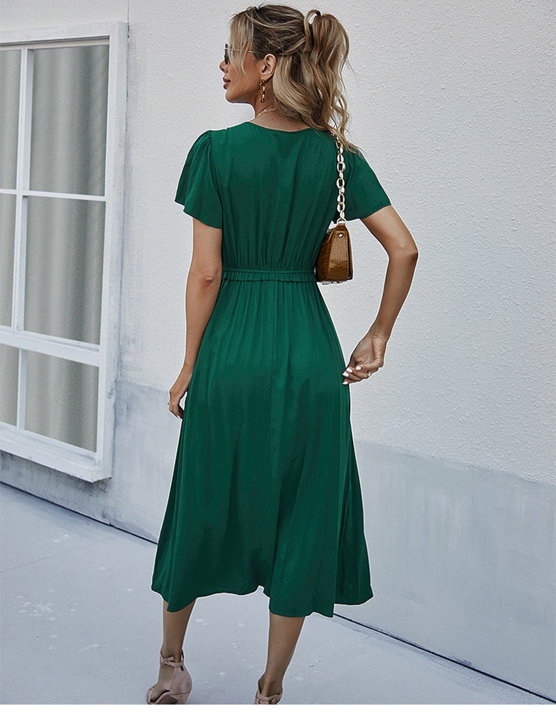 Boho Midi Dress, Ruffle Grace in Green