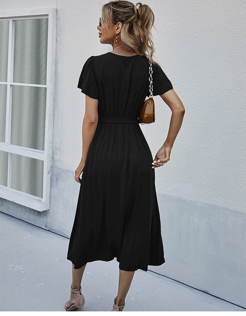 Boho Midi Dress, Ruffle Grace in Black