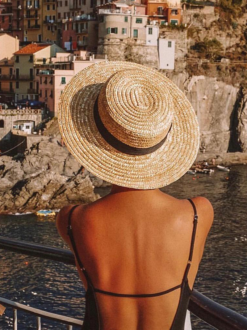 Boho Hat, Sun Hat, Beach Hat, Straw Hat, Gianna White and Black Ribbon