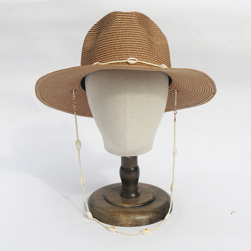 Boho Hat, Sun Hat, Beach Hat, Paper Straw Fedora Hat, Chloe Brown and White with Shell