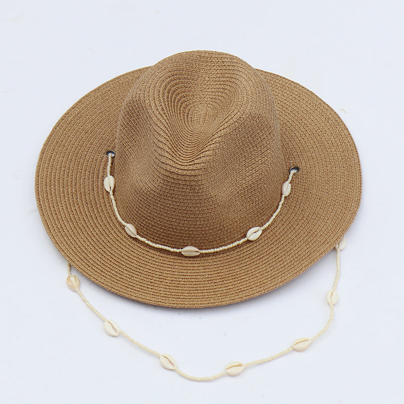 Boho Hat, Sun Hat, Beach Hat, Paper Straw Fedora Hat, Chloe Brown and White with Shell
