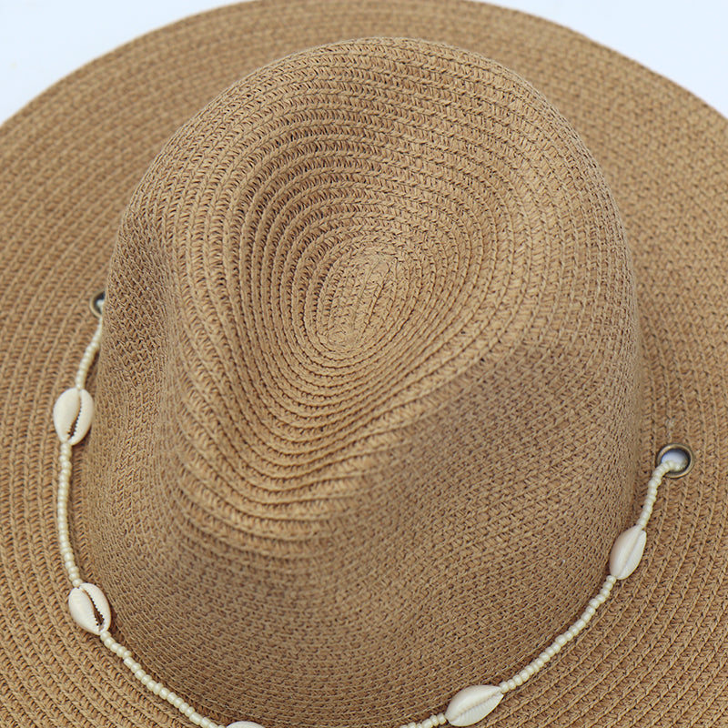 Boho Hat, Sun Hat, Beach Hat, Paper Straw Fedora Hat, Chloe Brown and White with Shell
