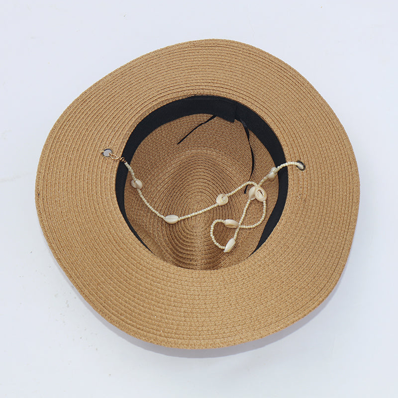Boho Hat, Sun Hat, Beach Hat, Paper Straw Fedora Hat, Chloe Brown and White with Shell