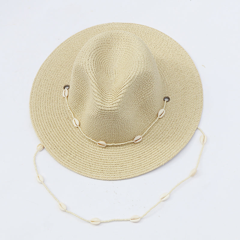 Boho Hat, Sun Hat, Beach Hat, Paper Straw Fedora Hat, Chloe Brown and White with Shell