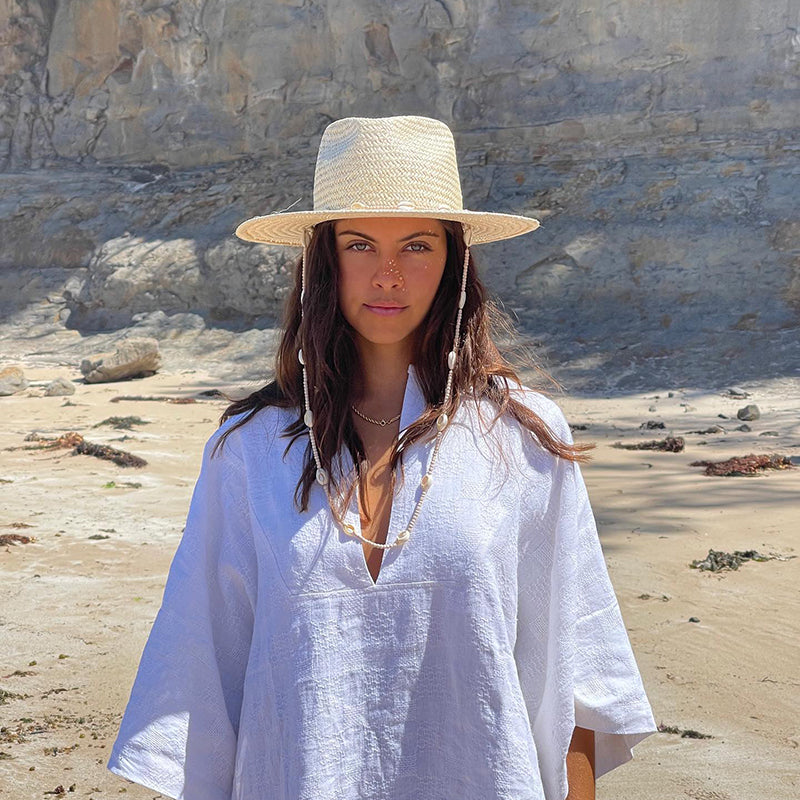 Boho Hat, Sun Hat, Beach Hat, Paper Straw Fedora Hat, Chloe Brown and White with Shell