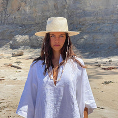 Boho Hat, Sun Hat, Beach Hat, Paper Straw Fedora Hat, Chloe Brown and White with Shell