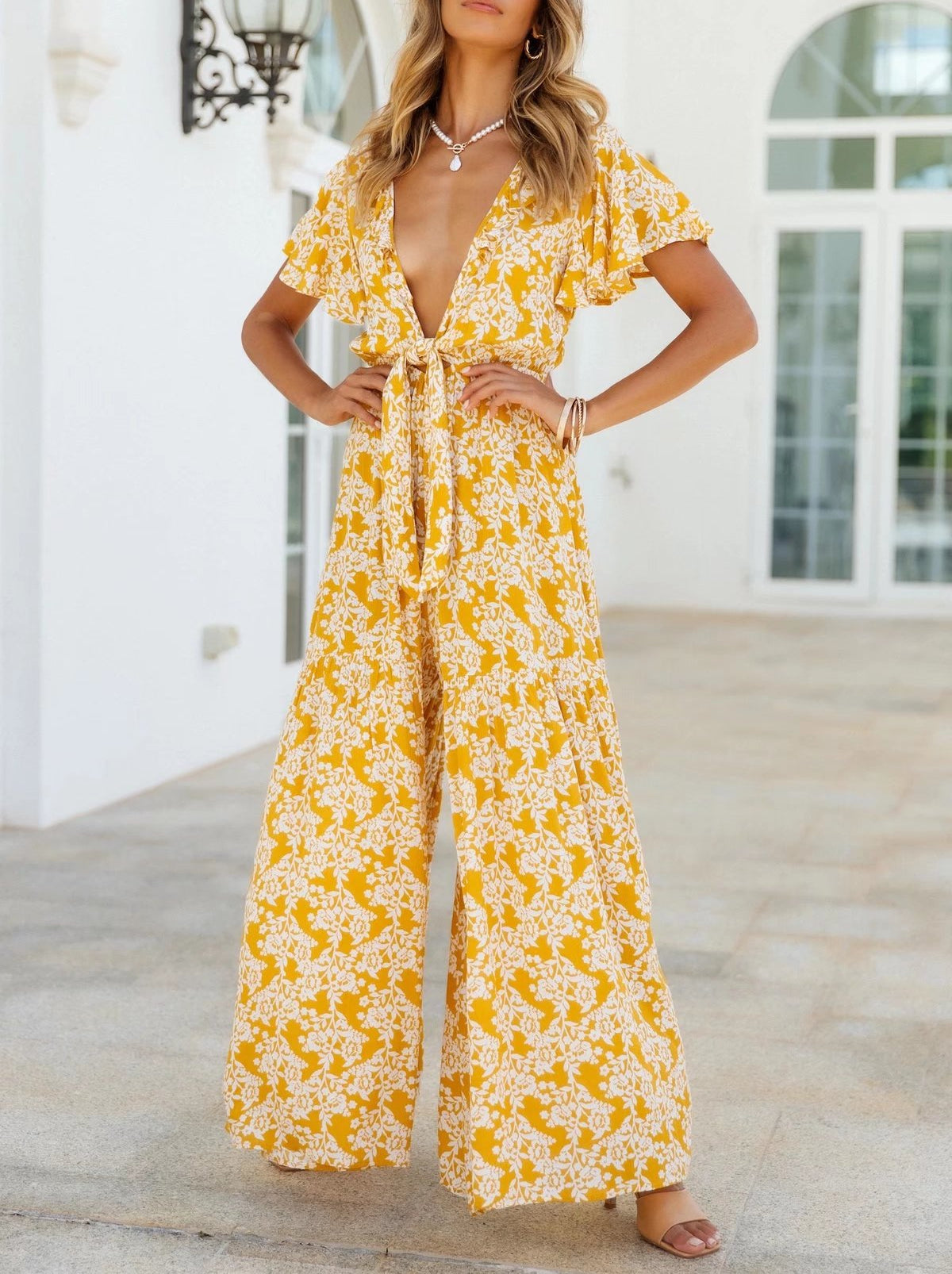 Boho Jumpsuit, Boho Romper, Cyan in Yellow