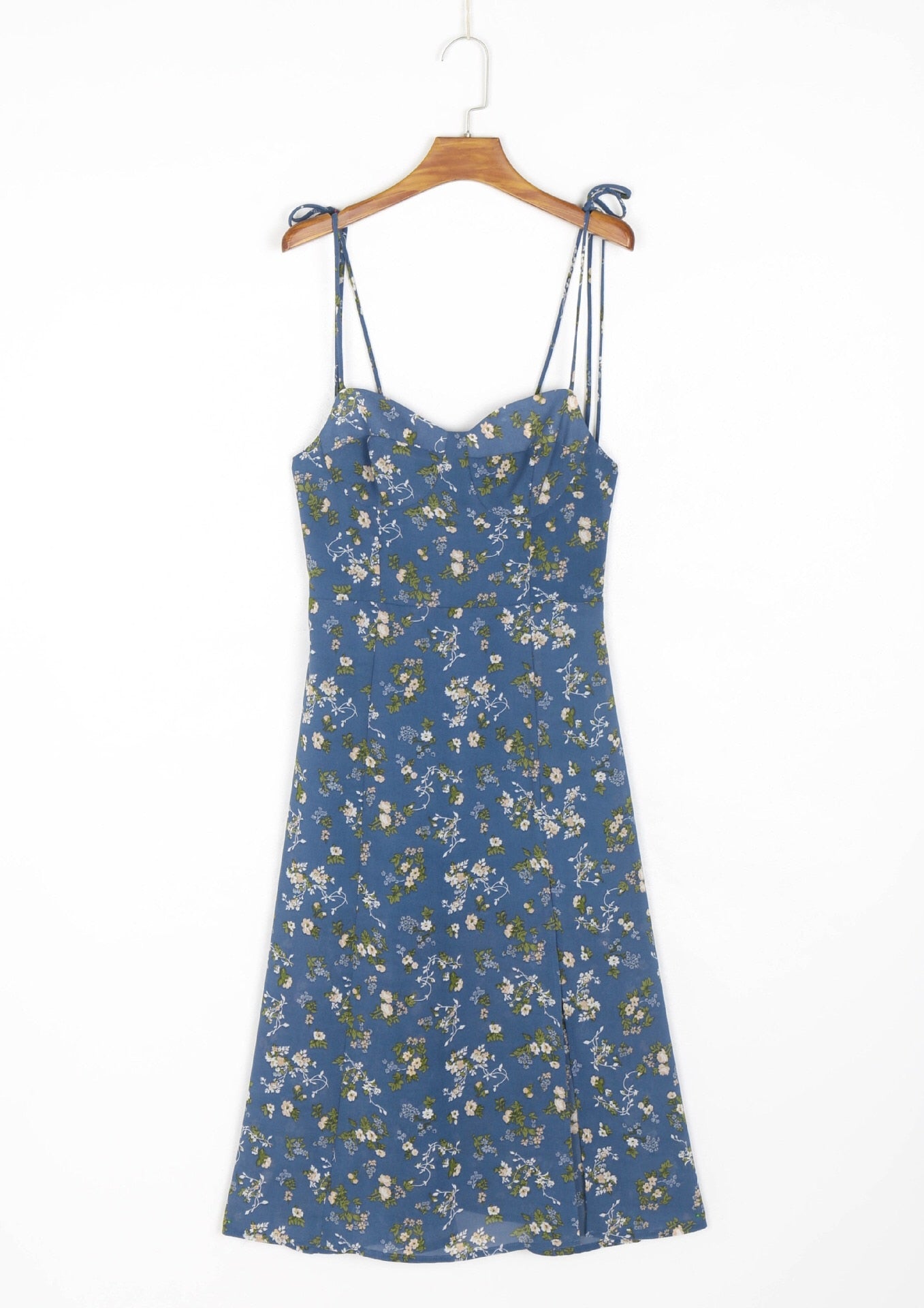 Boho Midi Dress, Strappy Sundress, Blue Flower