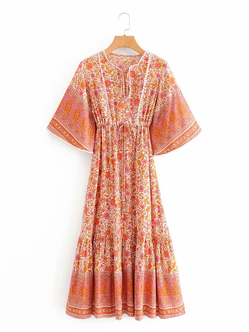 Boho Midi Dress, Sundress, Kaftan Dress, Indian Flower in Pink