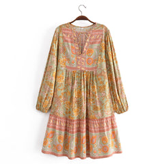 Boho Mini Dress Tunic Dress, Green Capucine Daylily