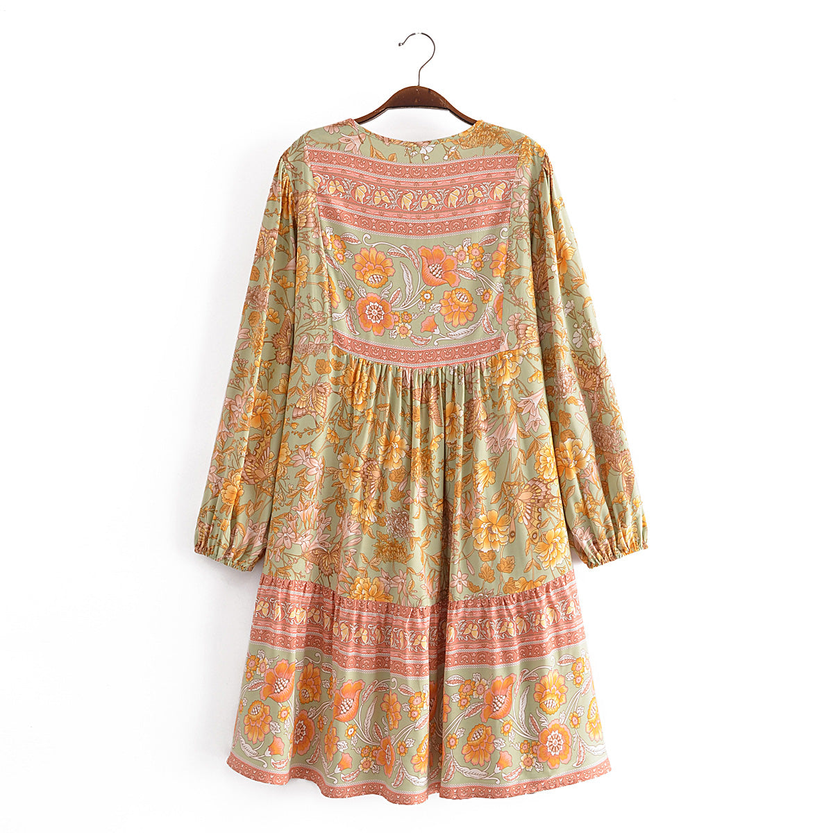 Boho Mini Dress Tunic Dress, Green Capucine Daylily
