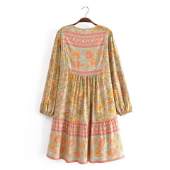 Boho Mini Dress Tunic Dress, Green Capucine Daylily
