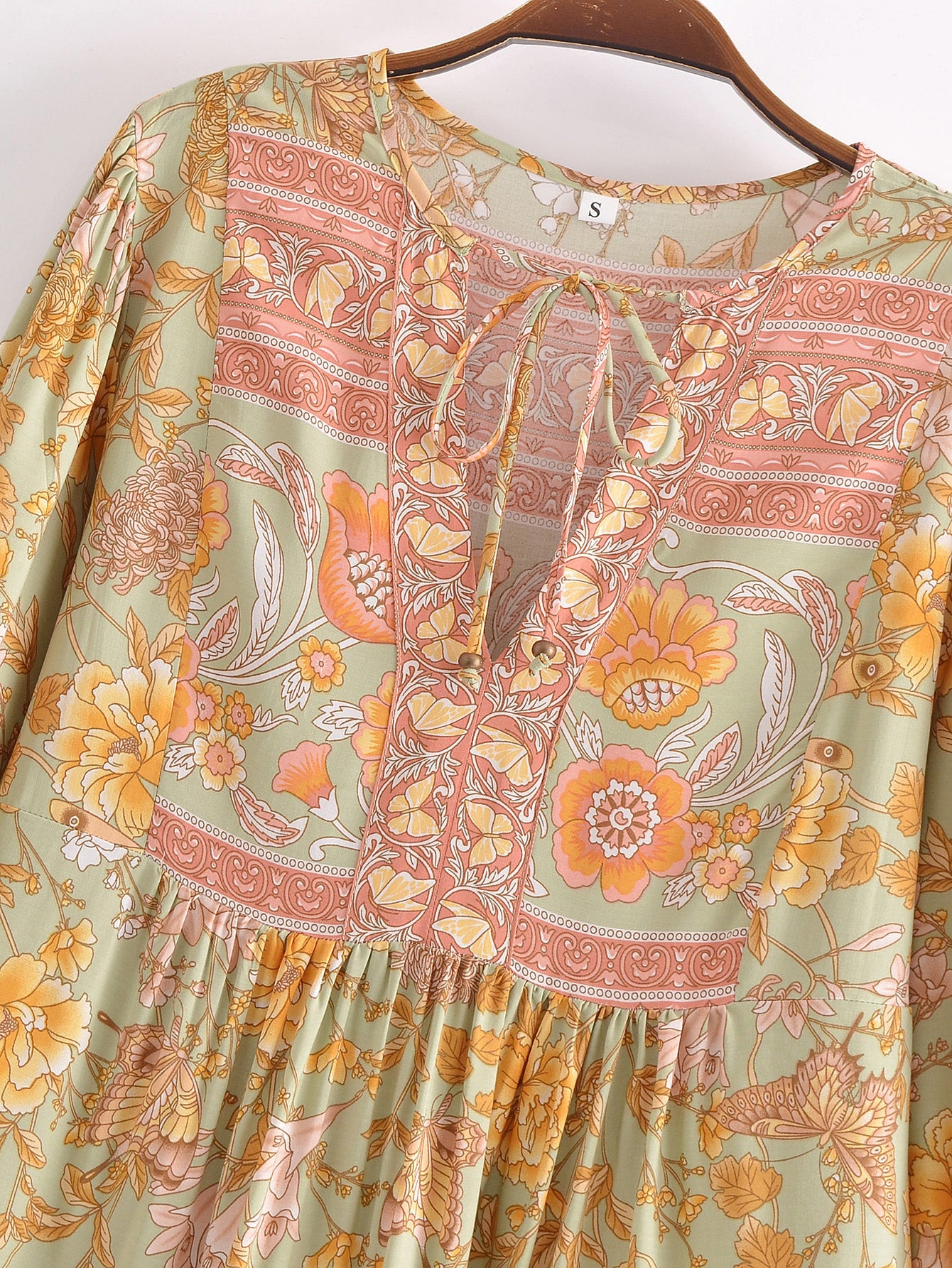 Boho Mini Dress Tunic Dress, Green Capucine Daylily