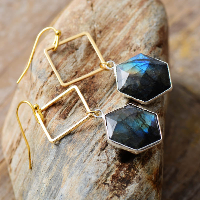 Boho Earrings, Dangle Earrings, Rhodonite Hexagon