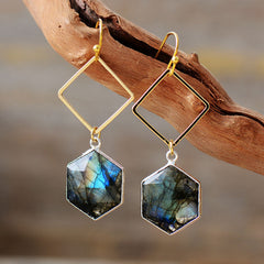 Boho Earrings, Dangle Earrings, Rhodonite Hexagon