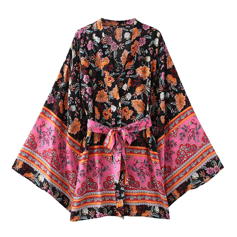 Boho Robe, Kimono Robe,  Beach Cover up, Short Robe, Pink Palmata