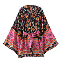 Boho Robe, Kimono Robe,  Beach Cover up, Short Robe, Pink Palmata
