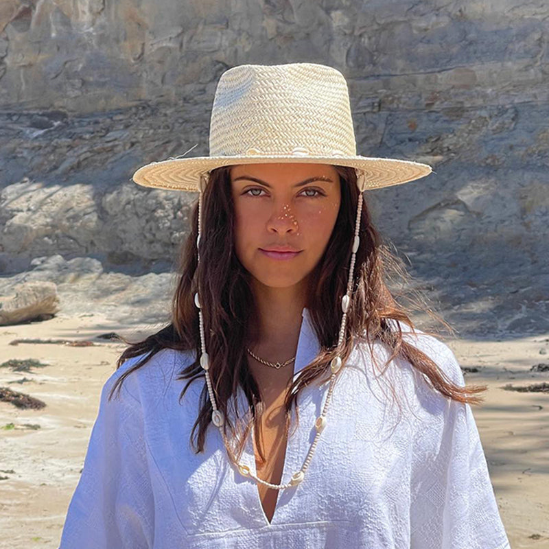 Boho Hat, Sun Hat, Beach Hat, Paper Straw Hat, Chloe Brown and Beige with Shell
