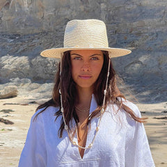 Boho Hat, Sun Hat, Beach Hat, Paper Straw Hat, Chloe Brown and Beige with Shell