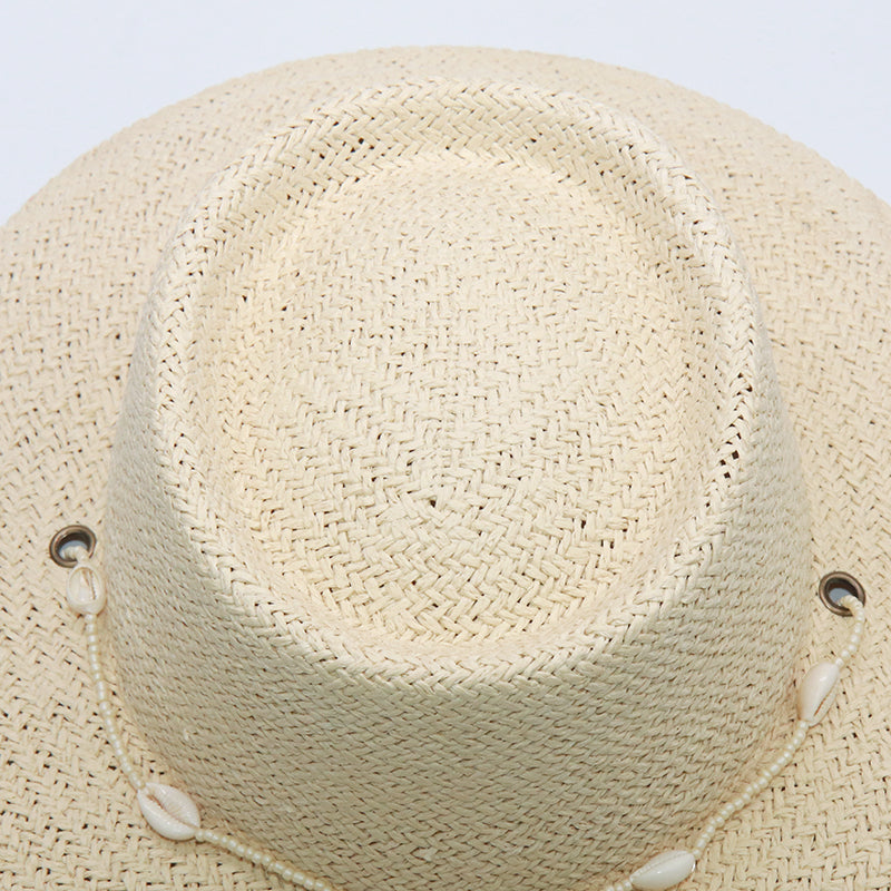 Boho Hat, Sun Hat, Beach Hat, Paper Straw Hat, Chloe Brown and Beige with Shell