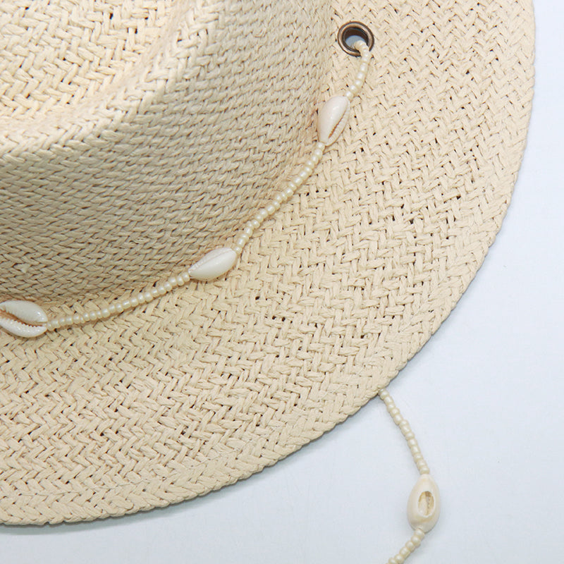 Boho Hat, Sun Hat, Beach Hat, Paper Straw Hat, Chloe Brown and Beige with Shell