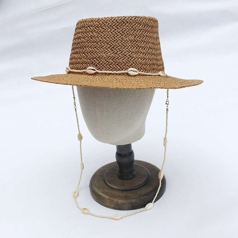 Boho Hat, Sun Hat, Beach Hat, Paper Straw Hat, Chloe Brown and Beige with Shell