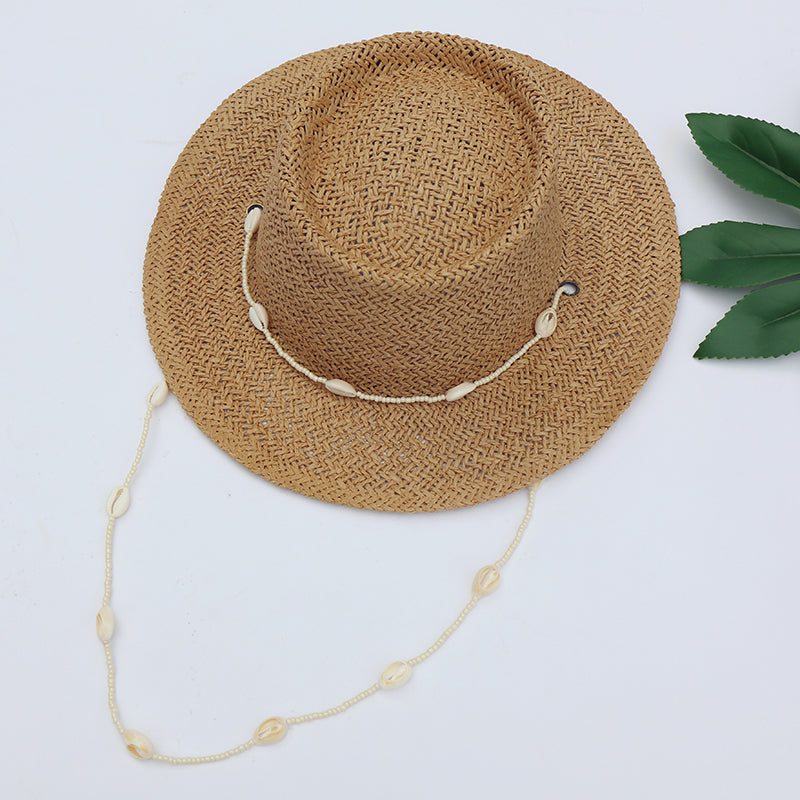 Boho Hat, Sun Hat, Beach Hat, Paper Straw Hat, Chloe Brown and Beige with Shell