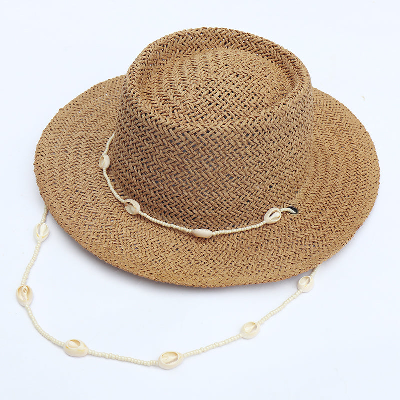 Boho Hat, Sun Hat, Beach Hat, Paper Straw Hat, Chloe Brown and Beige with Shell