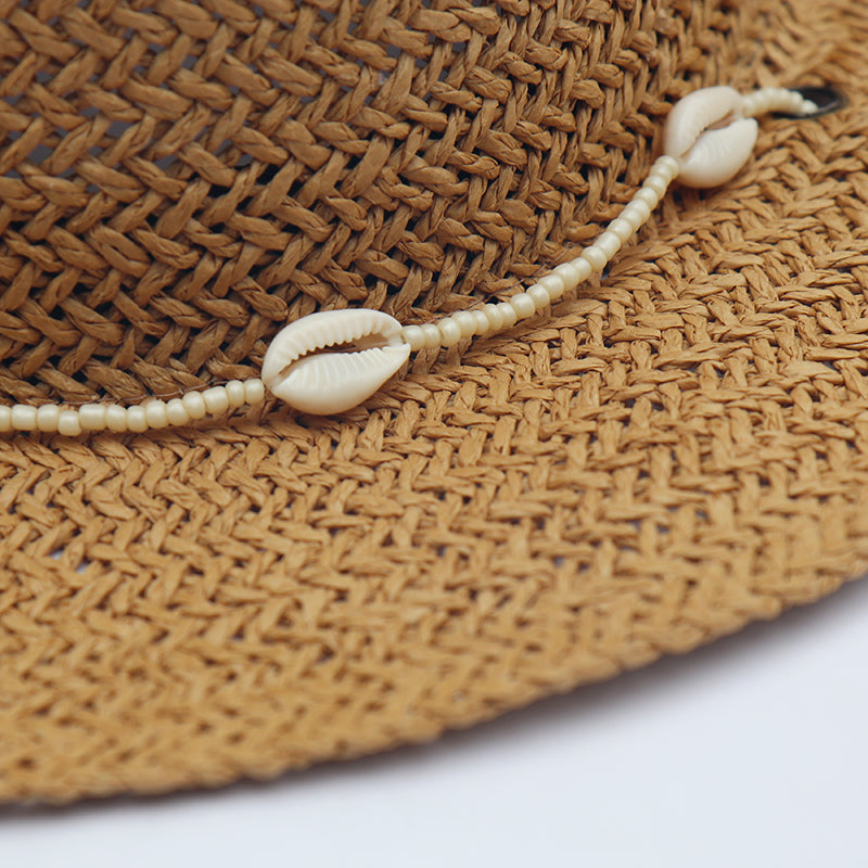 Boho Hat, Sun Hat, Beach Hat, Paper Straw Hat, Chloe Brown and Beige with Shell