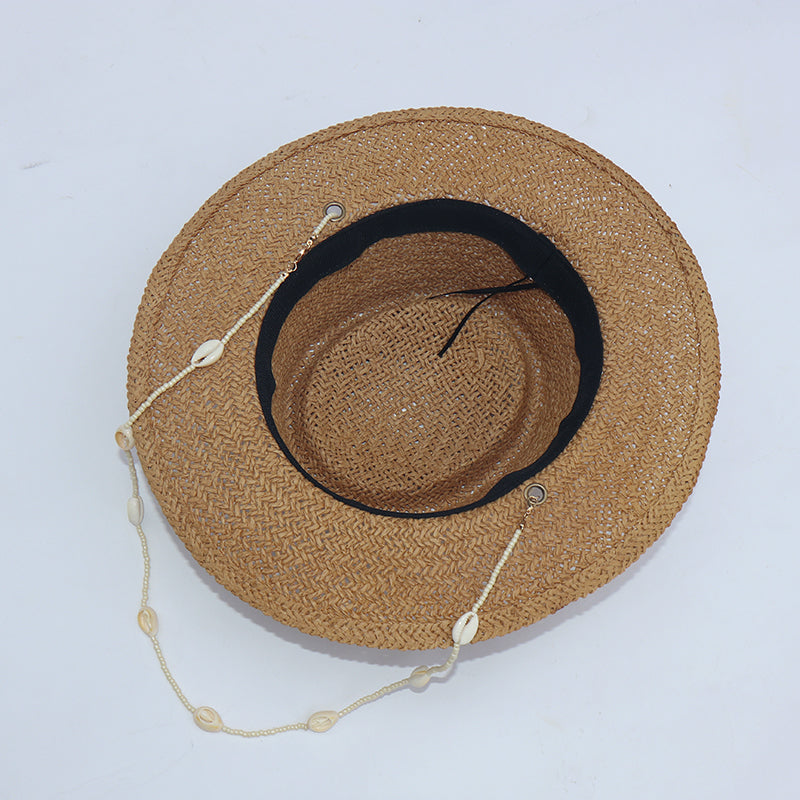 Boho Hat, Sun Hat, Beach Hat, Paper Straw Hat, Chloe Brown and Beige with Shell