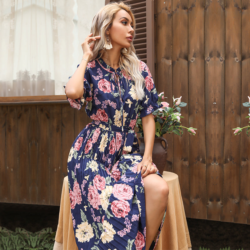 Boho Midi Dress, Pleted Dress Maisie in Navy